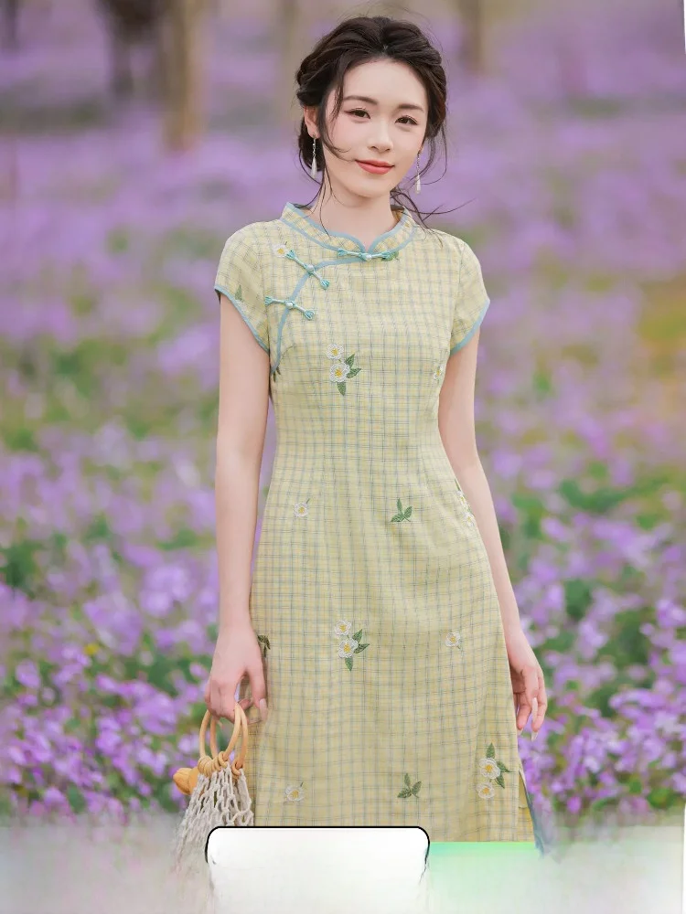 

New Arrival Women's Waist-Cinching Dress Summer 2026 Floral Pattern Short Sleeve Midi Length Chinese Style Dress
