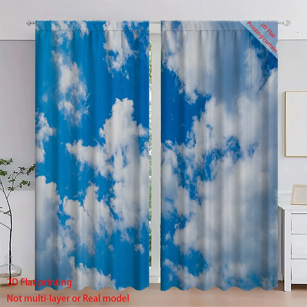 Blue sky and white clouds curtains, dreamy grassland home art decoration sunshades, used for dormitories, offices, and bedrooms