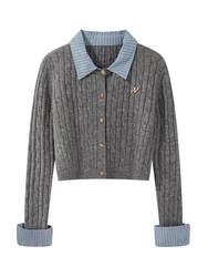 Womens Grey Cardigan Knitted Sweater Harajuku Aesthetic Y2k Long Sleeve Sweater Jumper Vintage Aesthetic Clothes 2026 New Shirt