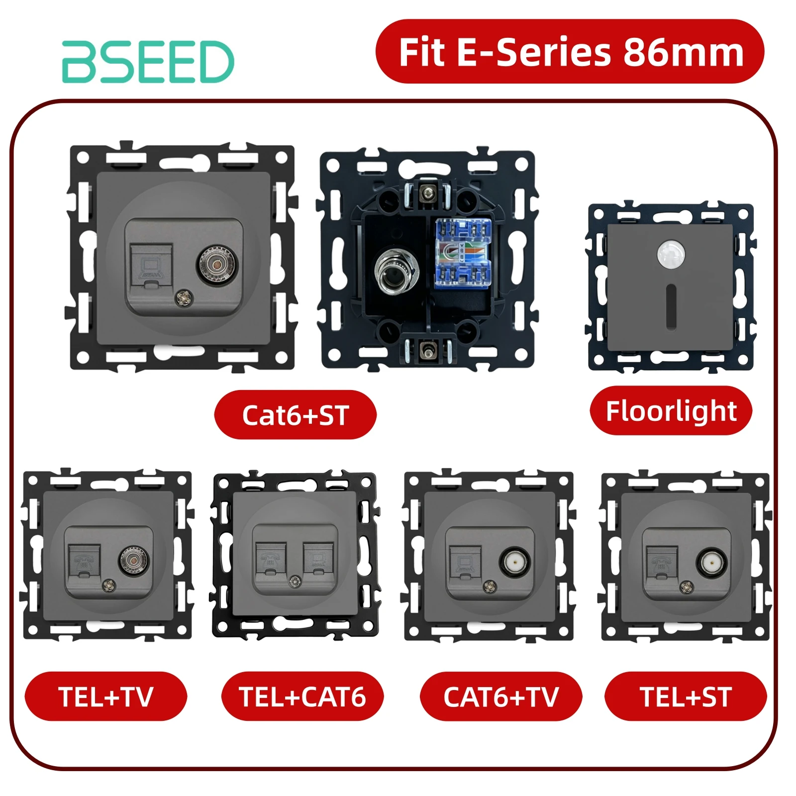 BSEED Internet RJ45/CAT6 TV TEL Satellite Socket Modules E-Series 86mm Floorlight Part DIY Combination Male/Female TV EU Socket