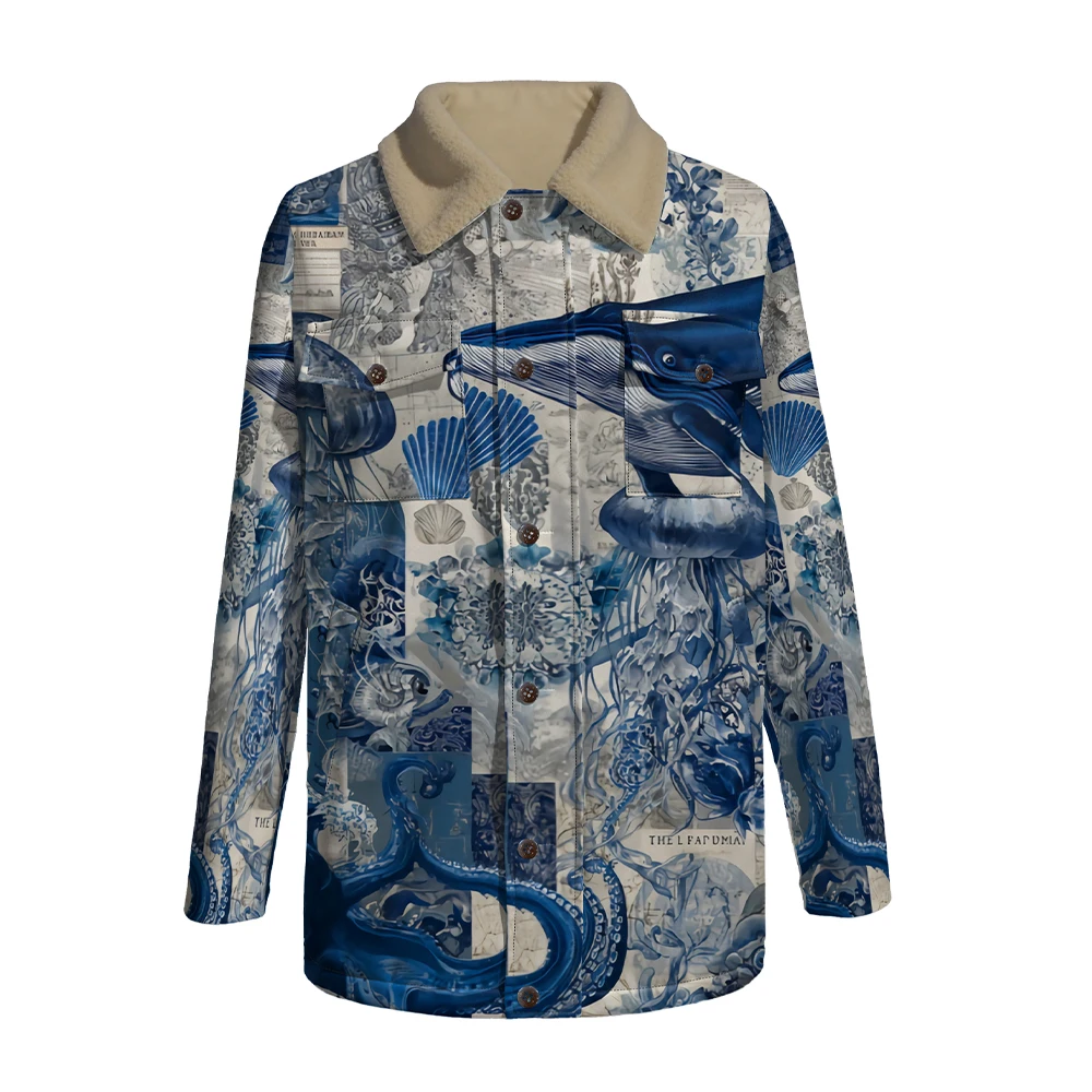 Ocean Sea Turtles Creature Print Jackets Coats with Cozy Faux Fur Collar Trending Sea Animals Pattern Fashion for Winter Fall