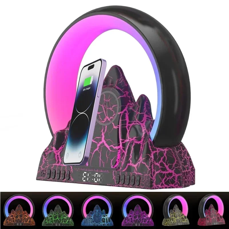 6IN1 Alarm Clock Wireless Charger App Control RGB Atmosphere Night Light Sleep Aid Bluetooth Speaker FM Radio for Iphone Samsung