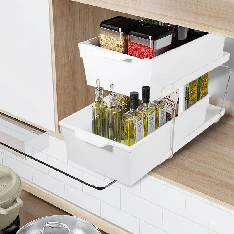 Kitchen Storage Rack Under Sink Drawer Storage Rack 2 Tier Pull out Organizer Multi-purpose Shelf Cabinet Kitchen Acceesories