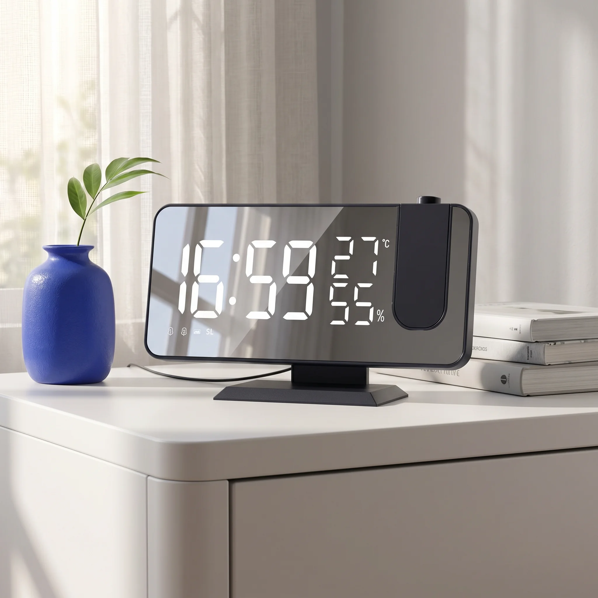 Digital Clock Thermometer Hygrometer Clock Projector Radio Temperature Humidity Meter, White Background, White Font