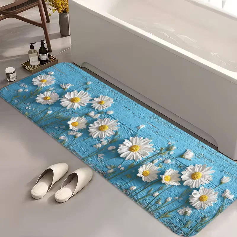 Daisy Flower Blue Wood Grain Runner Rug Floral Print Non-Slip Soft Floor Mat Cute Floral Home Decor for Kitchen Entryway