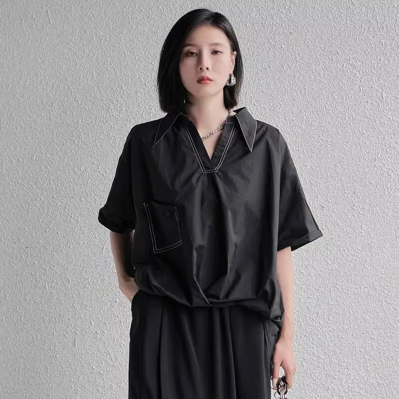 Women's Short-Sleeved Shirt Summer New Personality Stereoscopic Cutting Irregular V-Neck Casual Loose Large Size Shirt