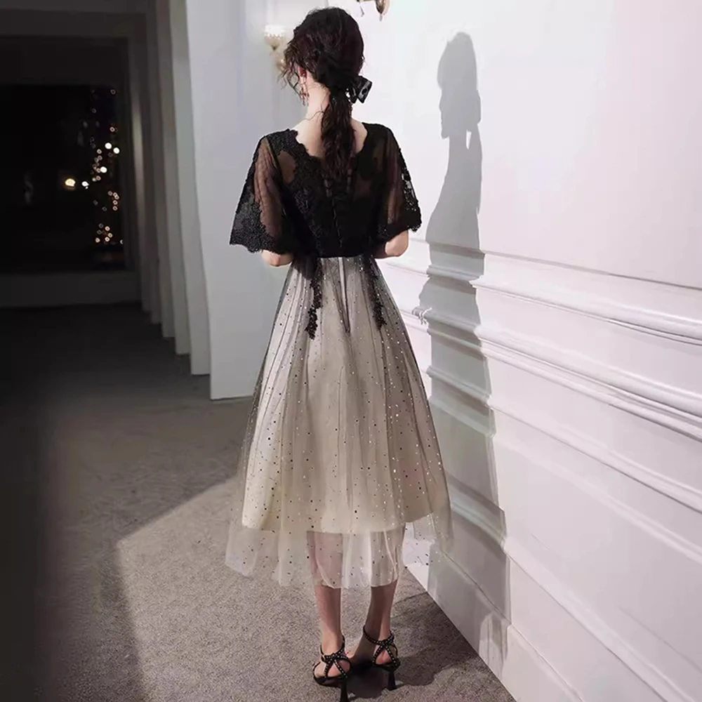 Luxurious French Evening Dress For Women Elegant Lace Tassels Party Dresses Classic Black Prom Dress Sequin Wedding Robe Formal