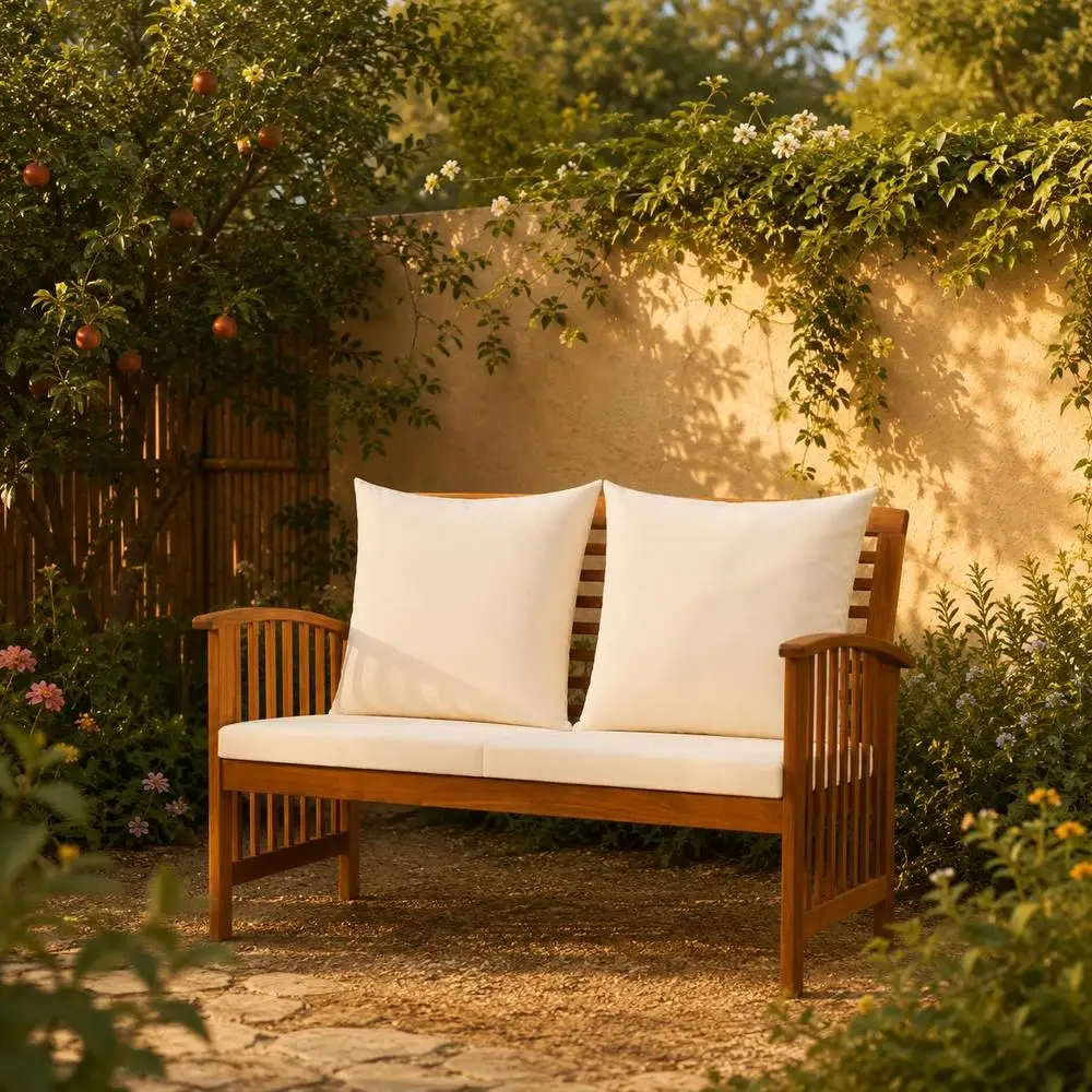 Banc de jardin extérieur 119 cm en bois d'acacia massif traité à l'huile, avec accoudoirs, dossier et coussins confortables, fabrication artisanale, veines naturelles uniques, idéal pour terrasse, Silla Plegable