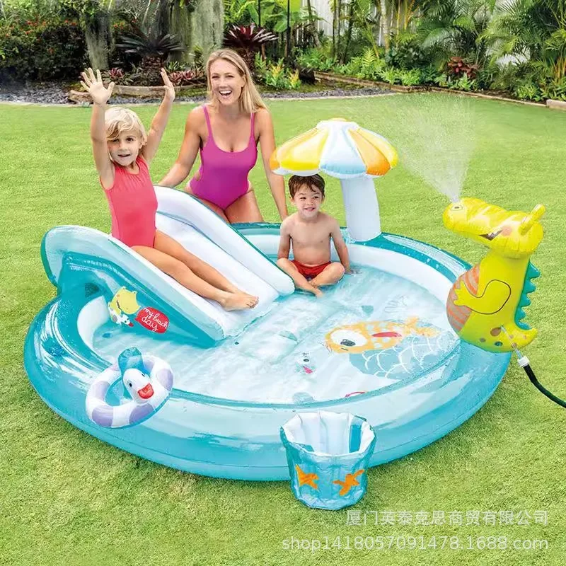 Sommer aufblasbares Spielzeug Kinder Wasserspielbecken mit Rutsche Krokodil aufblasbares Schwimmbad Krabbelbecken mit Wasserspray