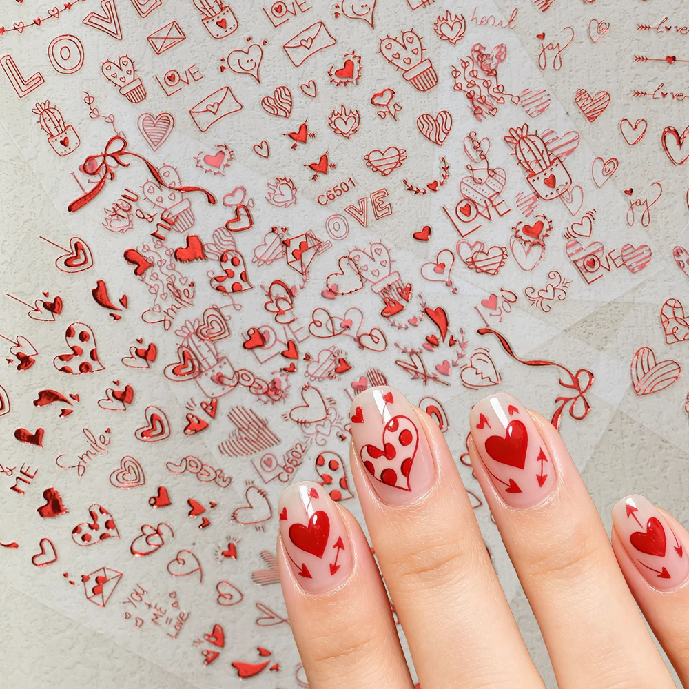 1/4Pcs Metallic Red Heart Nail Stickers Valentine's Day Love Letter & Arrow Nail Decals Self-Adhesive Romantic Sweet Nail Slider