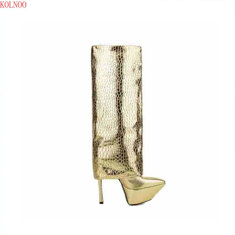 Kolnoo Animal Print Gold Solid Color Patent Knee High Stiletto Slip On Wide Shaft Winter Pointed Toe Platform High Heels Boots