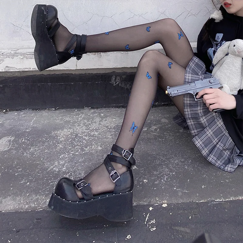 Black Silk Sexy Spring, Summer and Autumn Thin Blue Butterfly Printing Letter Tik Tok Trend Anti-hook Silk White Socks Children