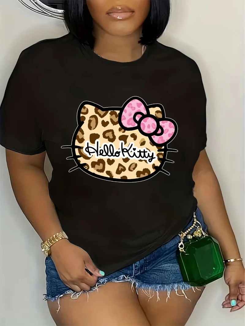 

MINISO футболки с короткими рукавами и леопардовым принтом «Hello Kitty» с контуром головы, детский стиль, подходят для женщин на каждый день, лето 2021, футболка