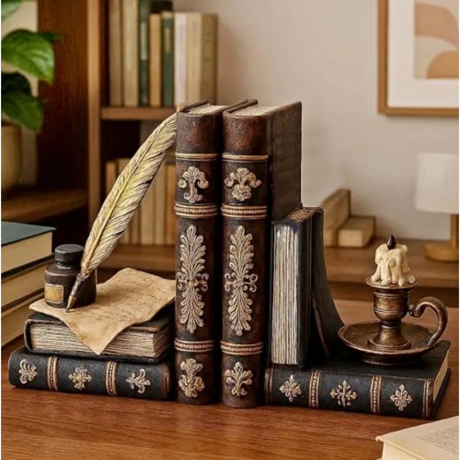 

Vintage Bookends Wizard Feather Quill Pen and Ink Bottle with Oil Lamp Set of 2, Magical Antique Bronze Decorative Book Ends fo