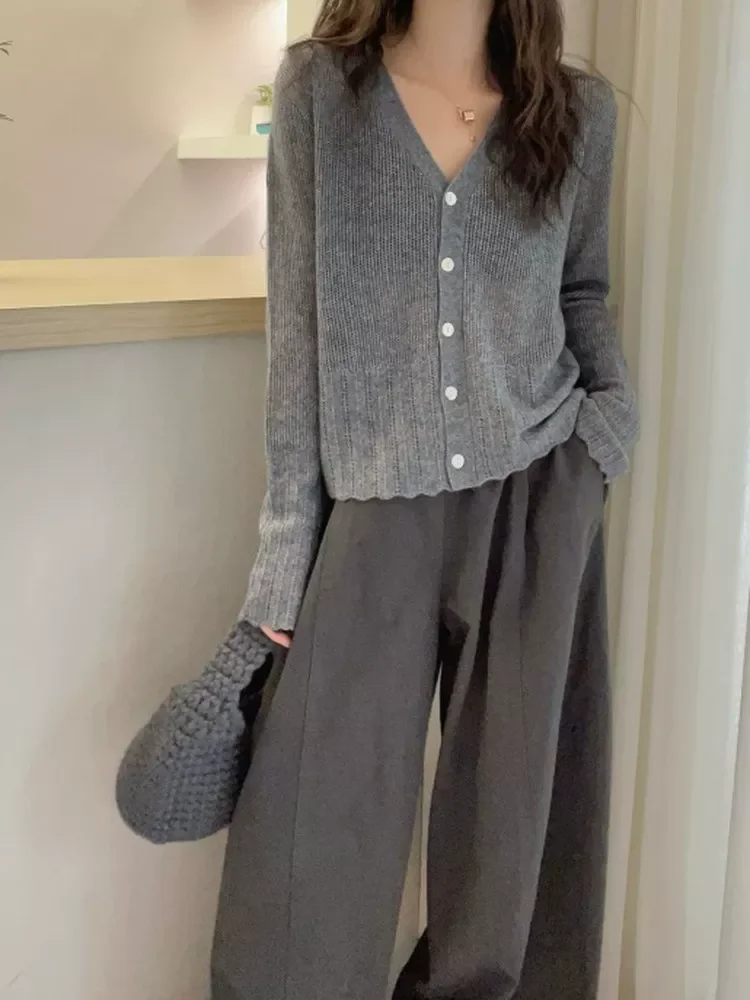 Loose Fit Grey Knitted Open Cardigan Women's Spring Autumn Style Casual Hollow out Design V-Neck Long Sleeve Sun Protection S...