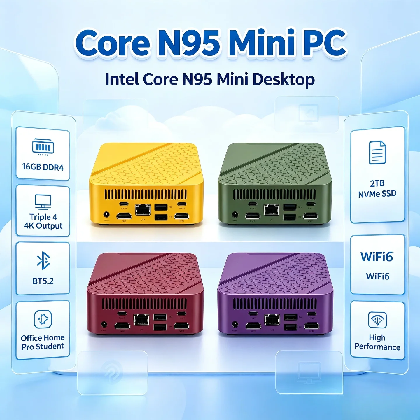 Intel Core N95 High Speed Mini PC 16GB RAM 2TB SSD Triple 4K Monitor Silent Cooling WiFi6 BT5.2 Office Home Small Gaming