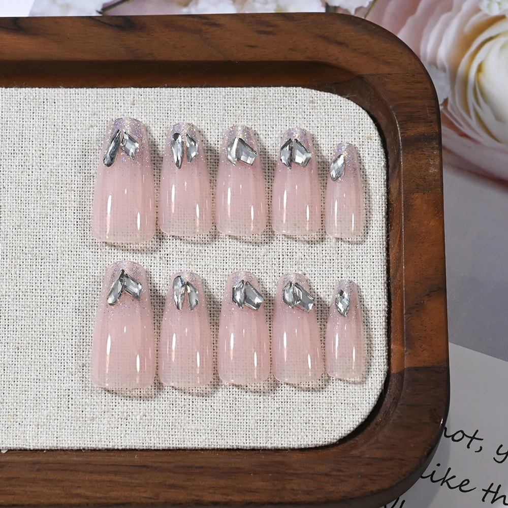 24 Uds. De uñas postizas de estilo francés rosa con diamantes de imitación, ataúd medio brillante, prensa en uñas, brillo, uñas postizas reutilizables, manicura * ^