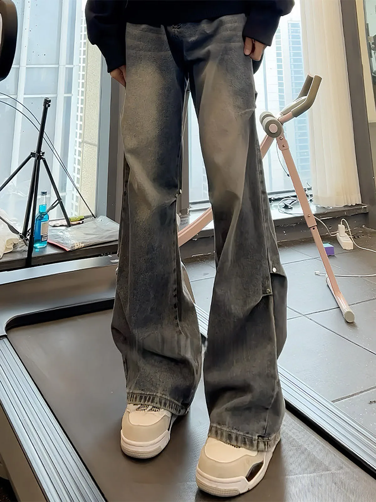 

Cleanfit Men's Vintage Washed Blue Denim Jeans Summer Folded Workwear Rivet Wide Leg Micro Flared Pants Straight Loose Fit