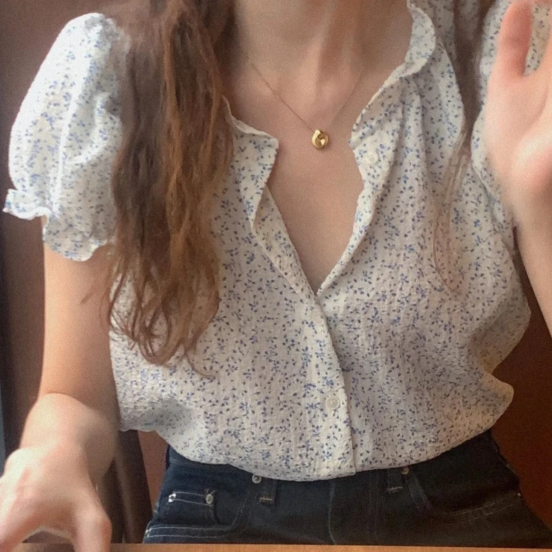 2024 New Summer Korean Version Fashionable and Sweet Short Sleeved Blouses Round Neck Printed Pleated Button Women's Shirt Top