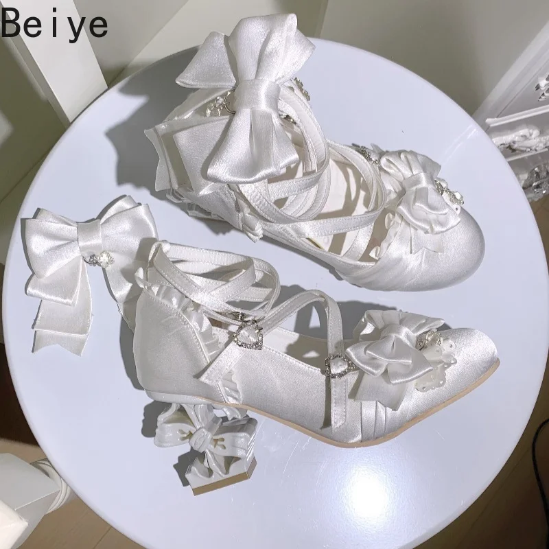 Gothic Lolita Mary Jane Shoes Women Satin Big Bow Lace High Heel Pumps Lady Ruffle Heart Rhinestone Buckle Strap Party Shoes