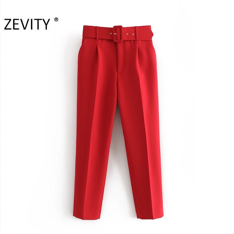 

Hot Sale New Women candy color pants red pink color chic sashes business Trousers female fake zipper pantalones mujer pants P953