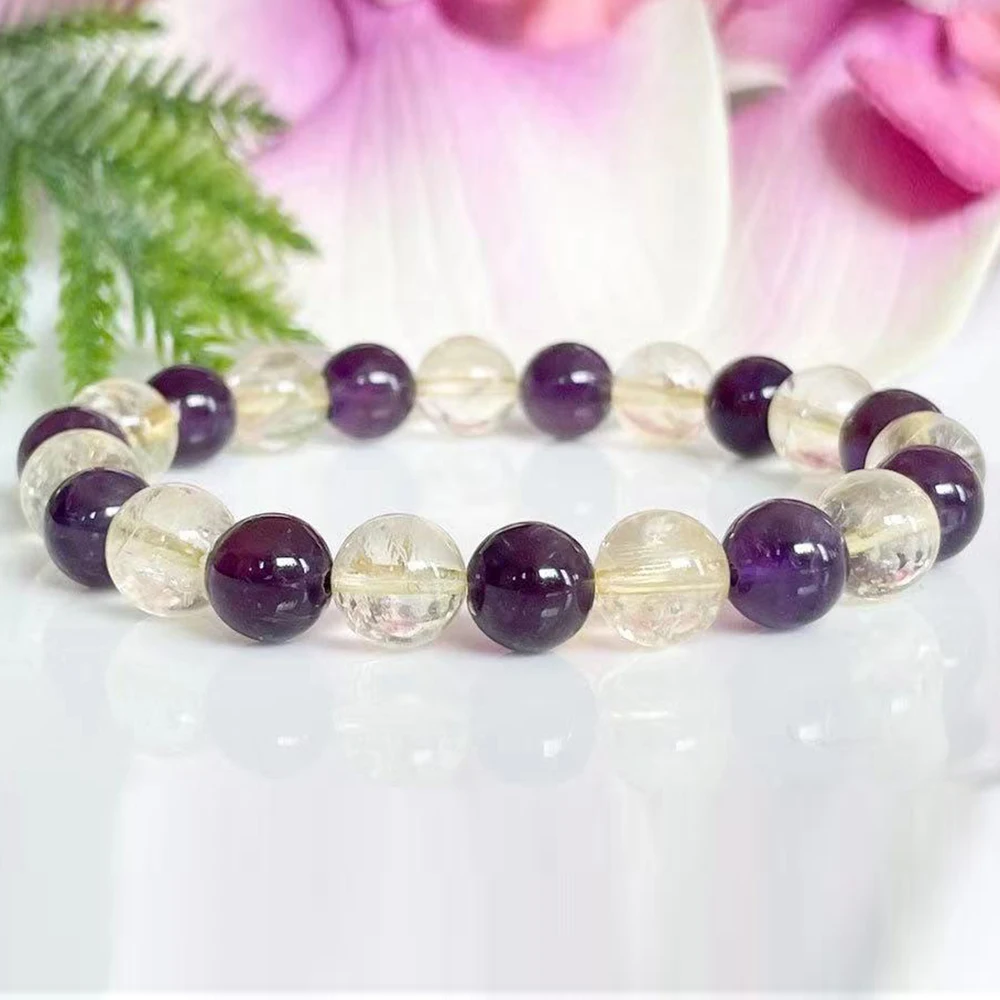 MG1553 Gold Rutilated Quartz Amethyst Beaded Bracelet Women`s Healing Crystals Balance Yoga Wrist Manifest Happiness Jewelry