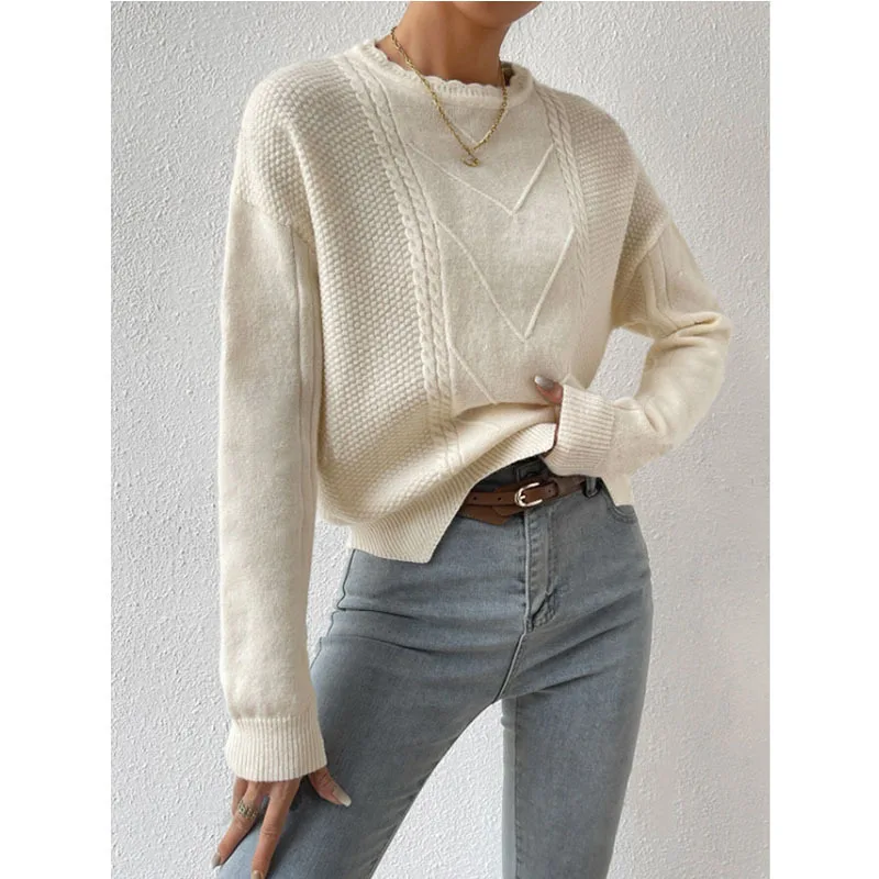 Autumn And Winter Women's Lace Round Neck Pullover Sweater Fried Dough Twists Twisted Solid Irregular Backing Knit