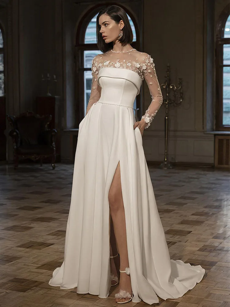 

Modern Wedding Dresses for Women 2025 Flowers Illusion Long Sleeves Wedding Gowns Ivory Satin Side Split Pockets Bridal Dress