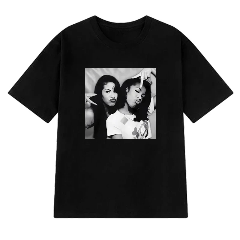 Fashion Aaliyah n Selena printed Graphic street Hip Hop Tee shirt 100% Cotton Men Women short sleeve T-shirts vintage Unisex Top