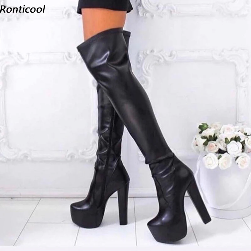 

Ronticool New Women Platform Spring Over The Knee Stretch Boots Block Heels Round Toe Elegant Black Party Shoes US Size 5-20