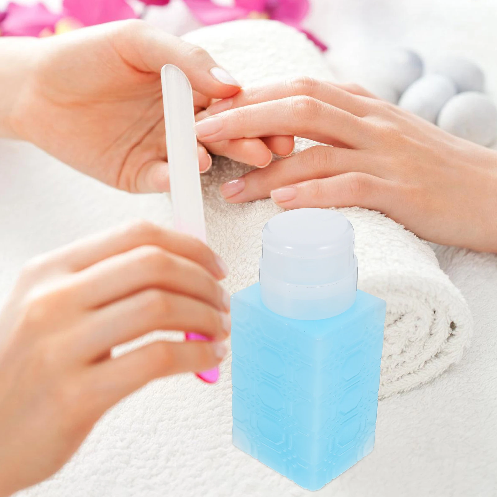

Nail Polish Remover Pump Bottle 250ml Blue Square Press Dispenser Leak Proof Lockable TravelReusable Portable Liquid Container