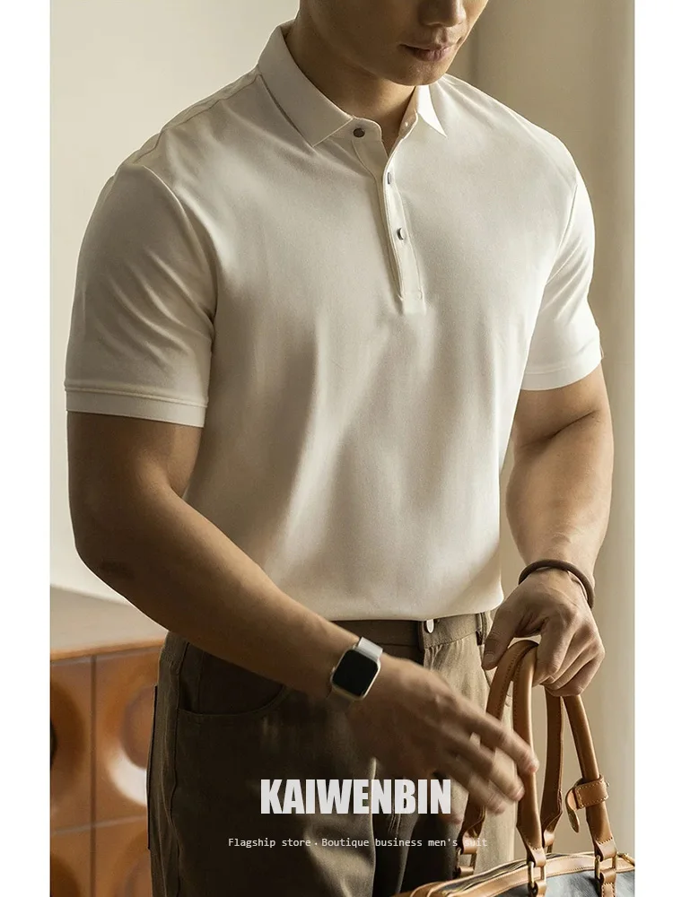 Summer new double pearl long-staple cotton short-sleeve shirtpoloMen's old money style collared shirtTMen's solid color polo shi