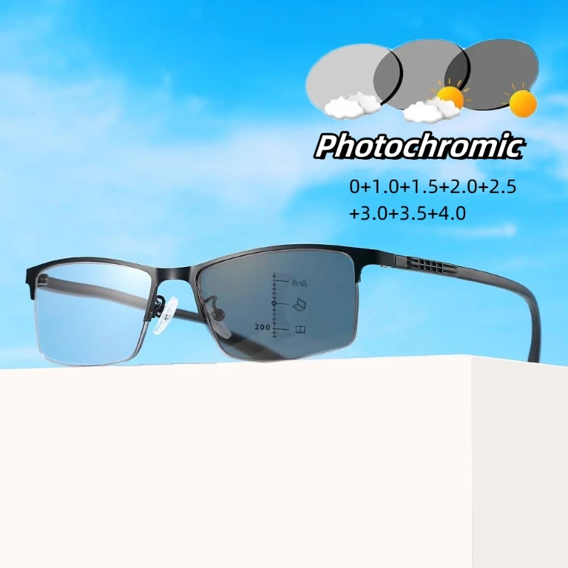 

Color Changing Multifocal Reading Glasses Men Business Outdoor Photochromic Presbyopia Fashion Ultra Light Far Sight Eyeglasses