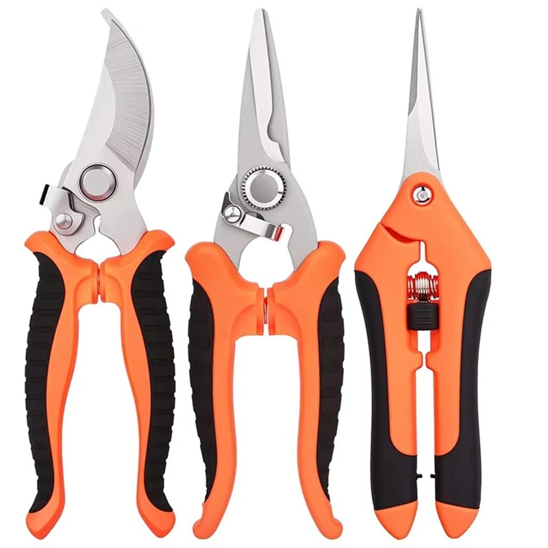 A63X-3PCS Gardening Tools Scissors Garden Scissors Set Stainless Steel Pruning Shears With Blades Curved