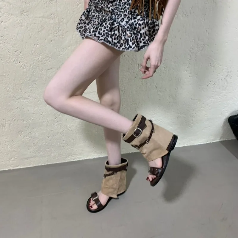 2026 New Inside Heightened Short-leg Pants Tube Retro Roman Slide Boots Women's Summer Strap Clip-in Sandals