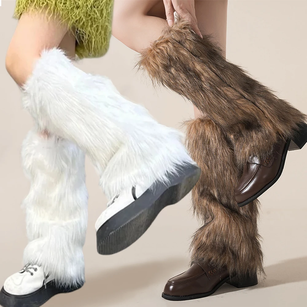 

Furry Y2K Leg Warmers Women's Artificial Fur Leg Warmers Japanese Lolita Autumn Winter Black and White Knitted Socks Leg Warmers