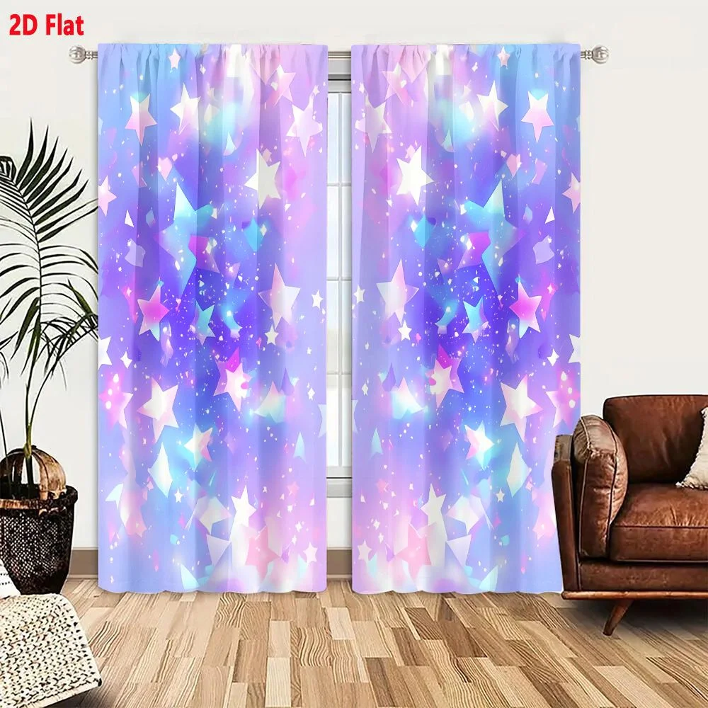 2Pcs Curtains 2D Flat Vibrant Dreamy Abstract Background With Glowing Stars Pastel Gradient Lavender Light Blue Pink White Magic