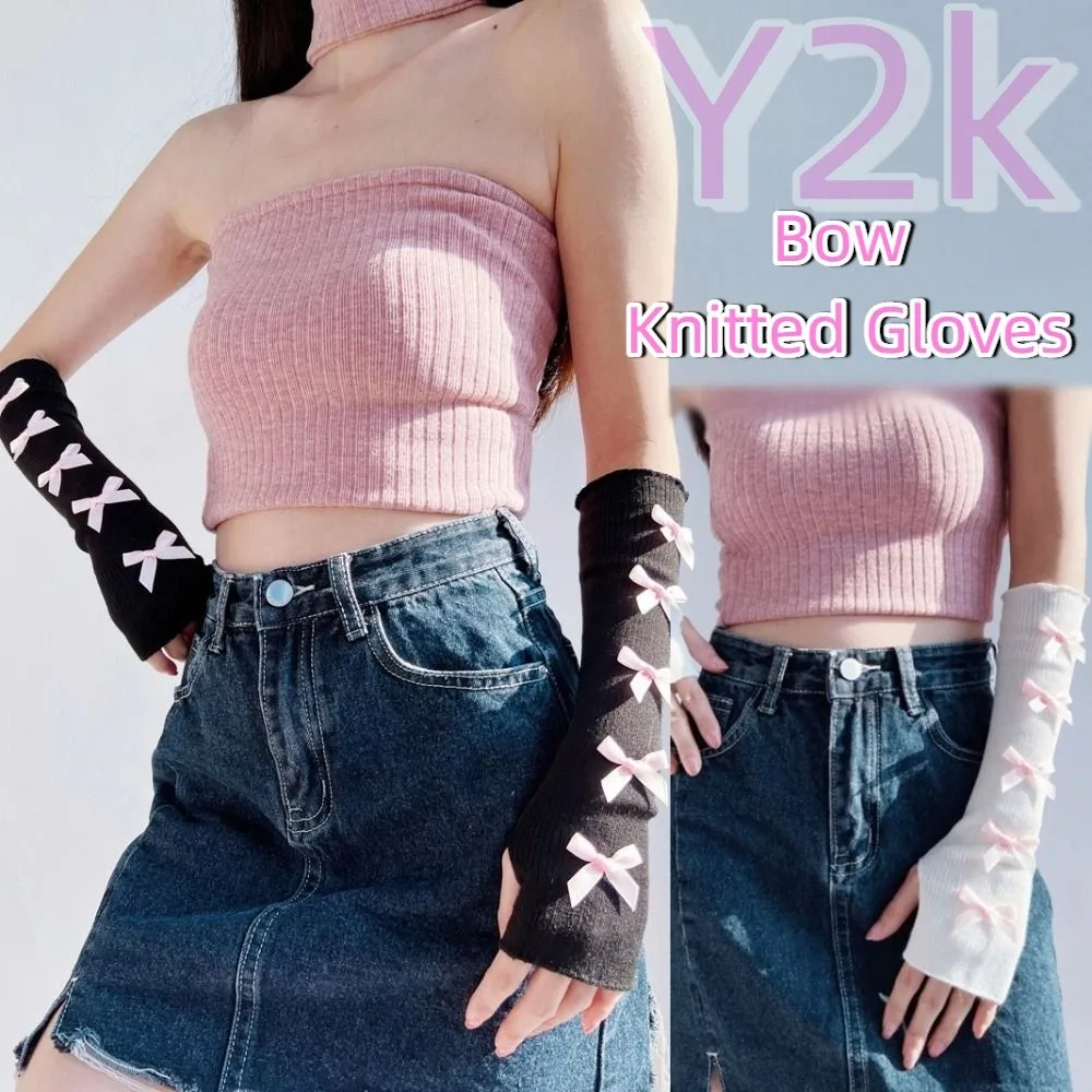 موضة مطاطا Y2K الأكمام الدافئة الباليه نمط لوليتا تأثيري القوس قفازات محبوكة الحلو قفازات طويلة أصابع مدفئات للذراع JK