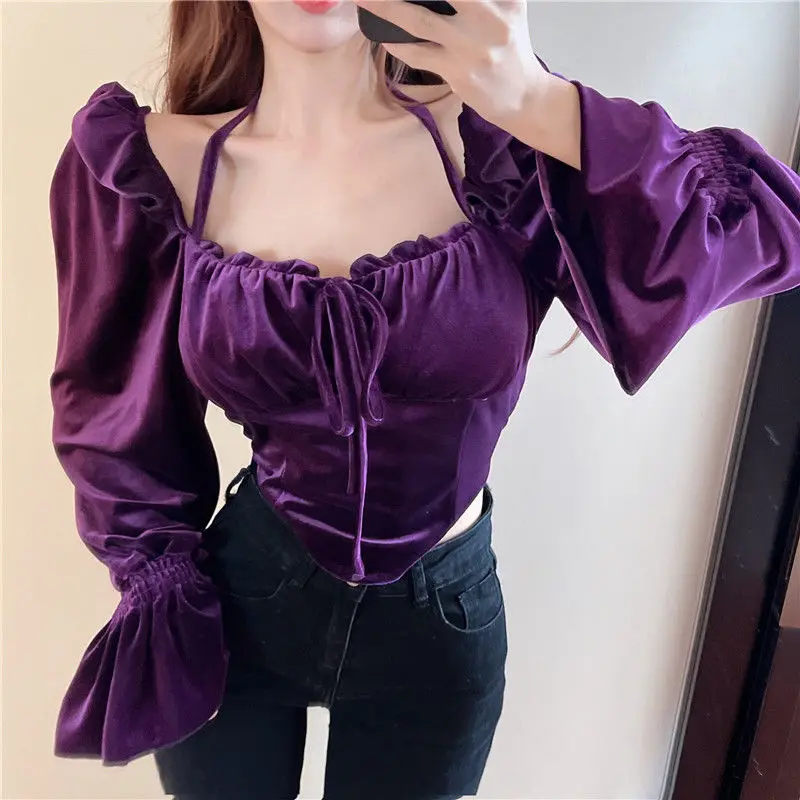 Blouses Women Autumn Slash Neck Slim Fit Hot Ladies Tender Korean Style Flare Sleeve Crop Tops All-match Folds New Chic Simple