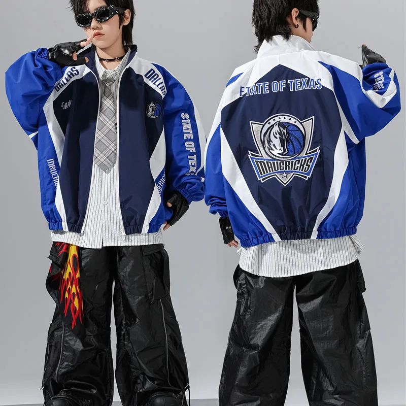 Kids Jazz Costume Children Clothes Set Boys K-pop Contrast Blue Jacket Street Dance Cargo Pants Girl Hip Hop Modern Streetwear
