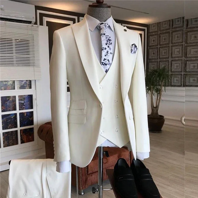 

Formal Business Ivory Men Suits 3 Pieces Slim Fit Custom Groom Wedding Prom Tuxedo Male Fashion Jacket Vest with Pants 2024