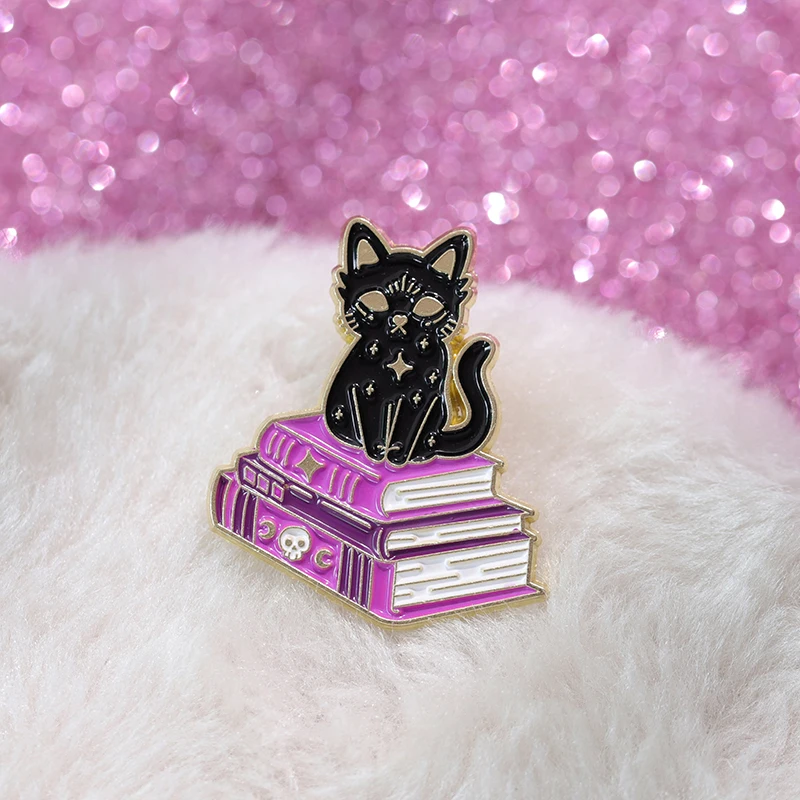 Witch Cats Enamel Pins Custom Black Kitten Spell Book Magic Potion Brooches Lapel Badges Gothic Animal Jewelry Gift for Friends