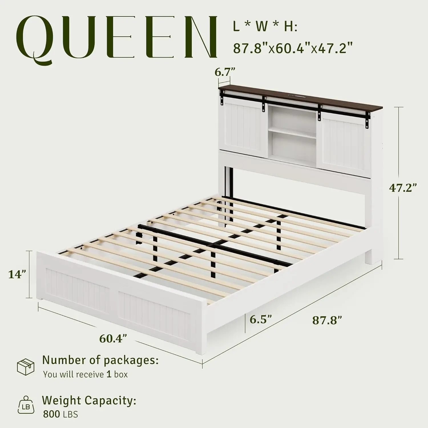 #Queen Storage Platform Bed with Sliding Barn Door Light Charging Station Wood Slats Noise Free White Customized