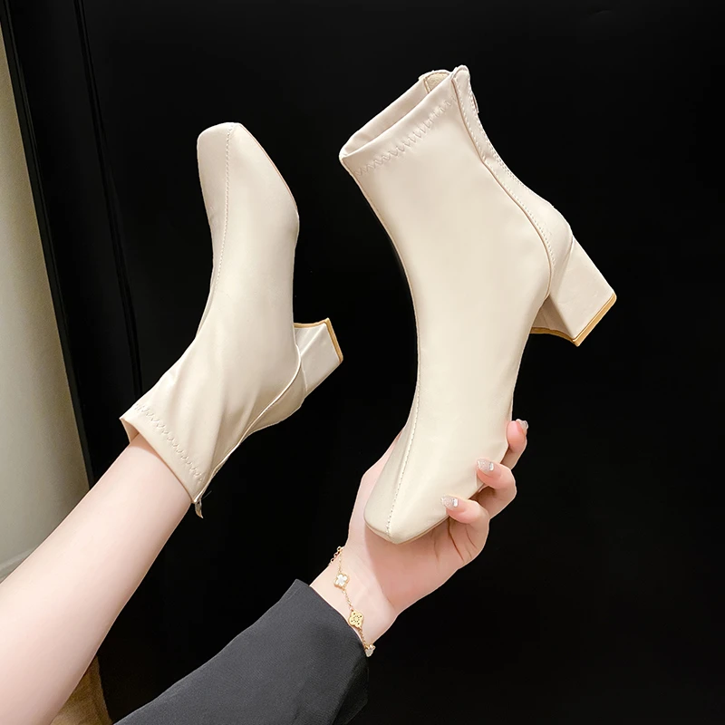 Women's Thick Heel Medium Heel Boots Women's 2026 New Winter Square Toe Back Zipper Increased Casual Short Boots
