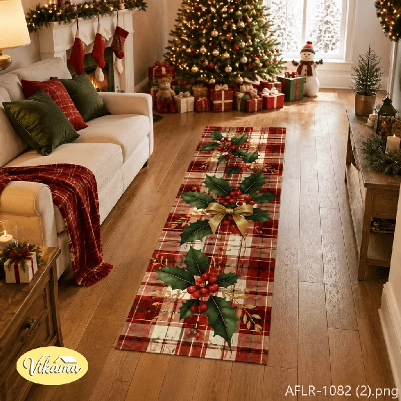 VIKAMA Berries & Bell Flannel Long Runner Rug, Washable Non-Slip Hallway Rug, Decor for Corridor Hallway Entryway Bedroom
