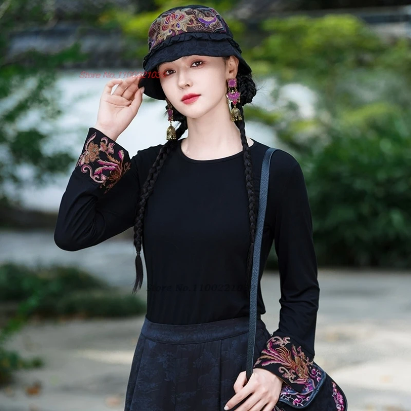 

2024 traditional chinese vintage shirt national flower embroidery o-neck folk shirt oriental tang suit ethnic retro base shirt