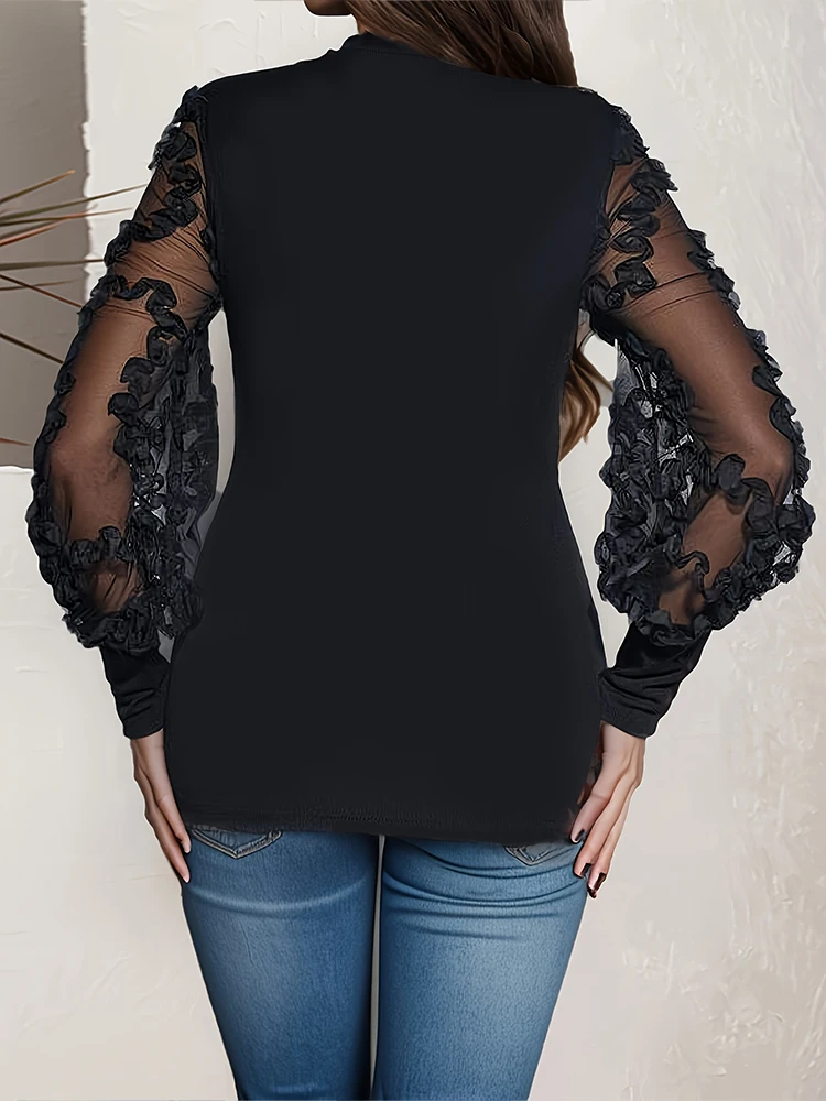 2024 Summer New Women\'s Lace Bottoming Shirt Long-Sleeved Thin Models Versatile Thin Round Neck Mesh Blouse