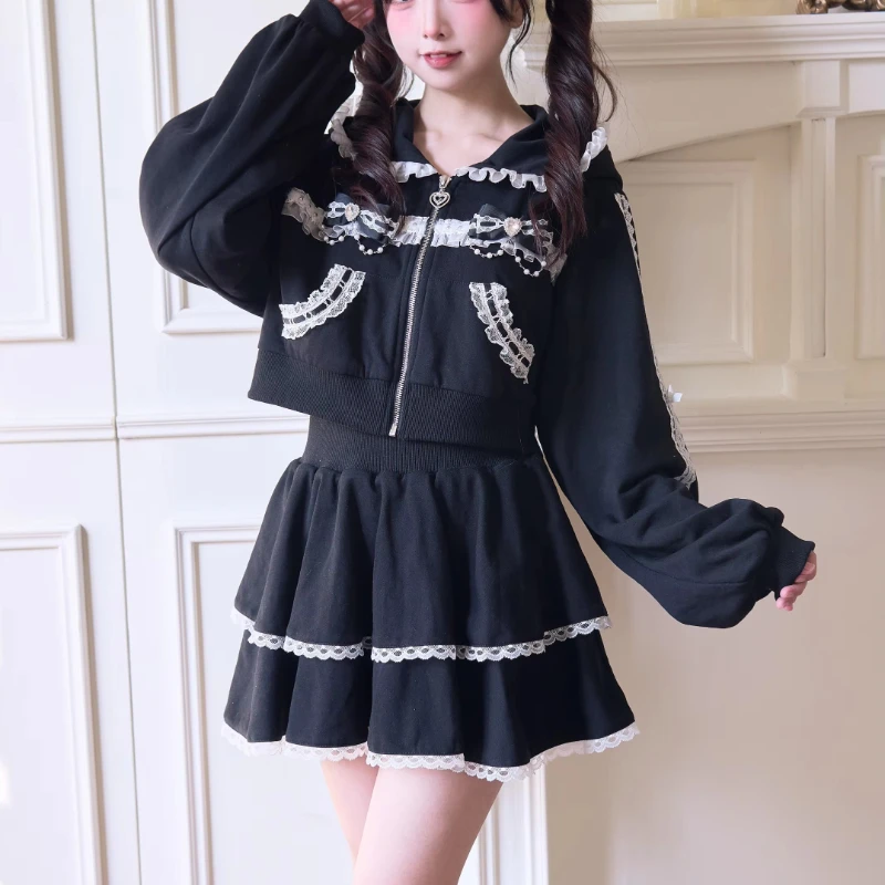 2026 New Y2K Subculture 3Pcs Outfit,Women Zipper Short Hooded Jacket Mini Skirt Wide Leg Pants Set Harajuku Streetwear