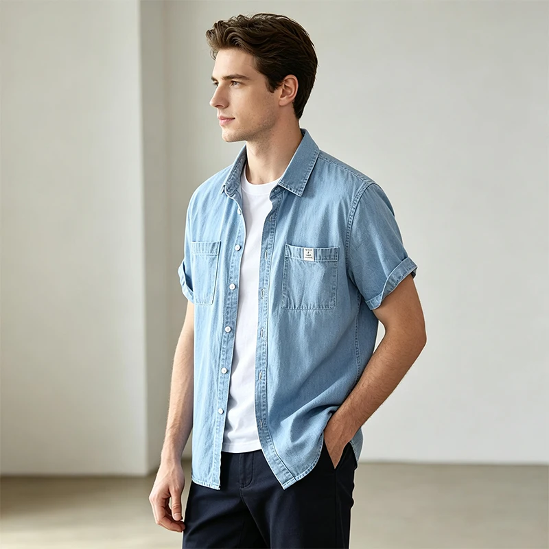 26 New 100% Cotton Denim Shirt Jacket Polished White Simple Short Sleeved Casual Youth Spring Summer Thin Style
