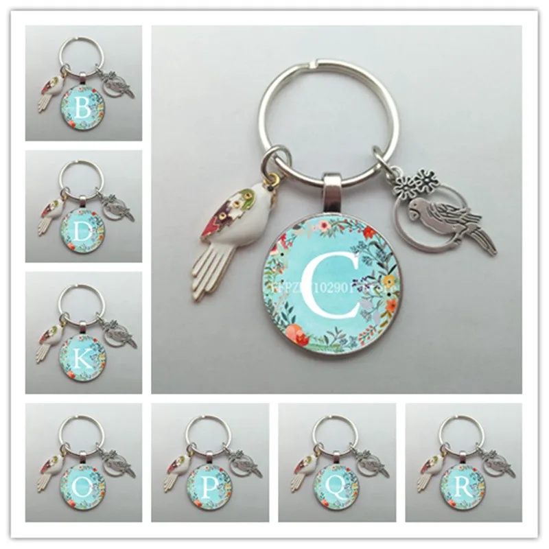 A-Z letter glass keychain fashion animal bird parrot charm car keychain enamel bird key ring pendant gift for men and women